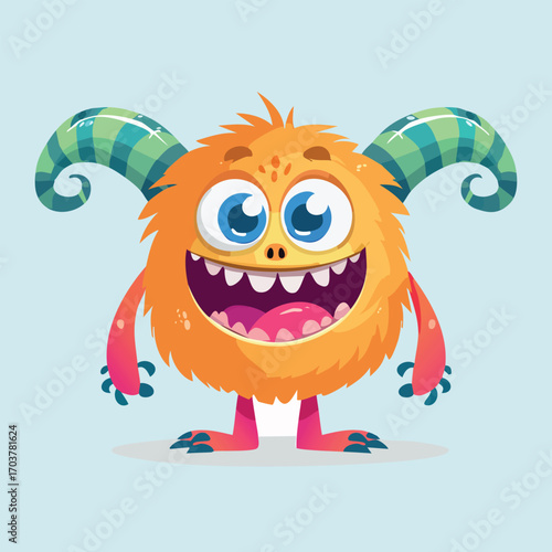 A cheerful, fluffy orange monster with horns, big blue eyes, and a wide, toothy grin stands against a light blue background.