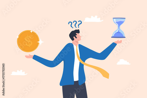 Illustration of money on the left side and an hourglass on the right side with a question mark above a person’s head, symbolizing choice, time, and financial decision-making.