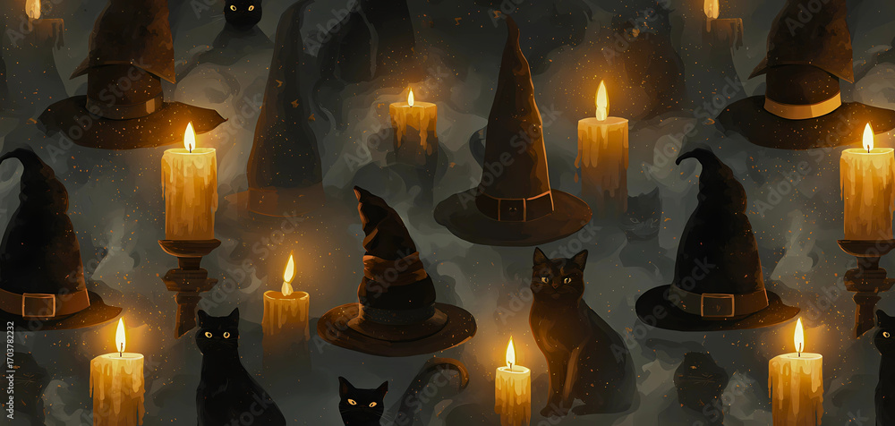 Mysterious halloween pattern with witch hats and flickering candles creating a spooky atmosphere Mysterious halloween pattern with witch hats and flickering candles creating a spooky atmosphere