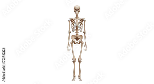 Full skeleton standing upright, bones detailed and realistic