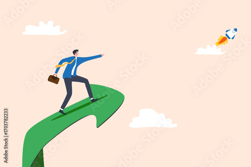 Illustration of a man sliding on an upward arrow while pointing at a rocket, symbolizing growth, innovation, and fast progress.