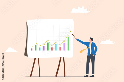 Illustration of a rising chart board with a man pointing at the upward trend, symbolizing business growth, success, and progress.