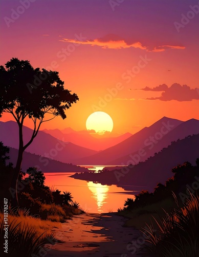 A vibrant sunset over a tranquil valley