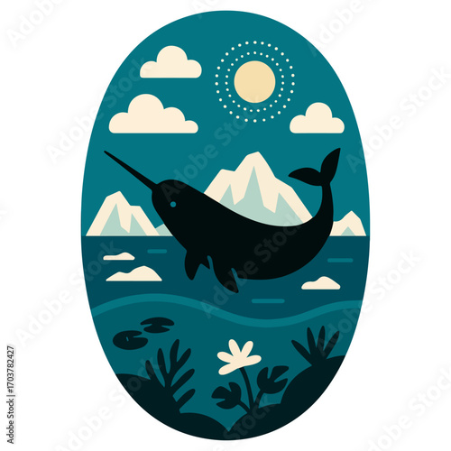 Narwhal in Arctic Sea with Icebergs – Oval Badge Vector