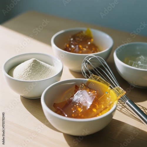 Ingredients for making homemade gelatin dessert in white bowls