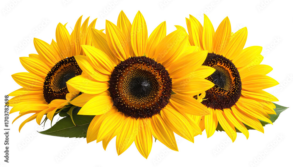 Fototapeta premium Three vibrant sunflowers, close-up view, displaying bright yellow petals and dark brown centers, with overlapping blooms and slight leaf detail