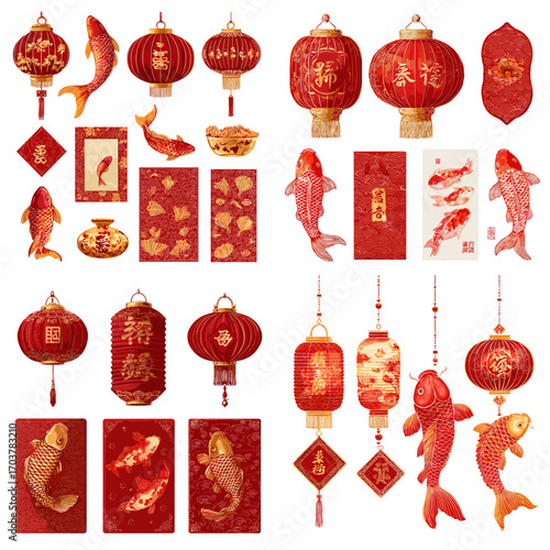 Collection of red Chinese lanterns, koi fish, and red envelopes for Lunar New Year celebration, symbolizing luck, prosperity, and cultural tradition.