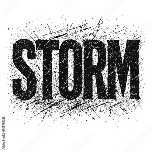 Dynamic Distressed 'STORM' Typography Graphic with Intense Grunge Ink Splatter Effect, Featuring Bold Black Letters on a Clean White Background. Evokes Raw Energy and Urban Aesthetic for Modern Design