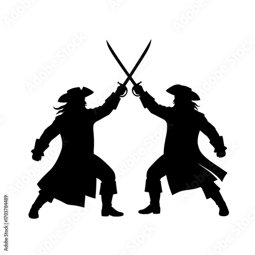 Silhouette of two pirates dueling with crossed swords