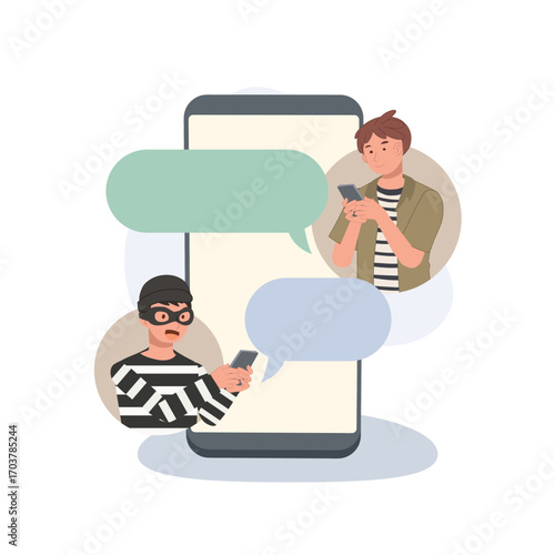 online scam cyber crime and fraud alert with scammer and man chatting on smartphone illustration