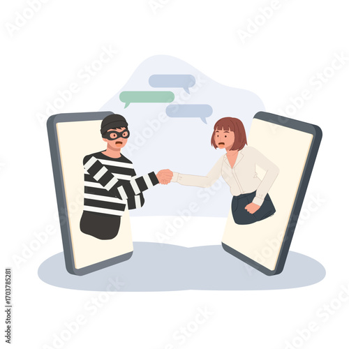 a scammer in striped shirt and woman shaking hands through smartphones symbolizing online fraud and cybercrime risk