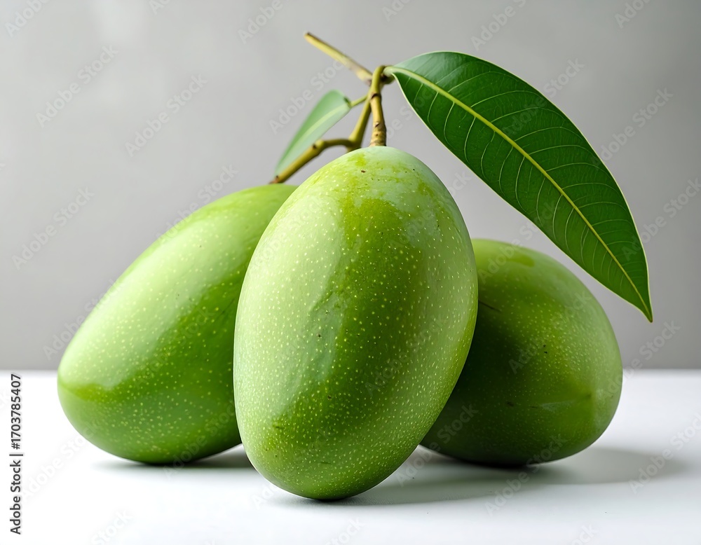 Obraz premium Fresh green mangoes with leaves