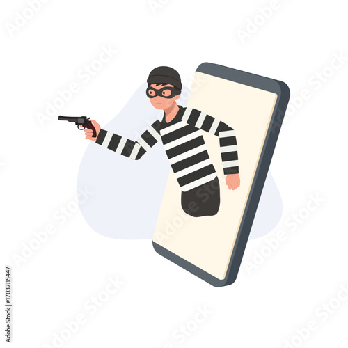 cyber crime online scam illustration showing hacker thief with gun emerging from smartphone symbolizing internet fraud and digital danger