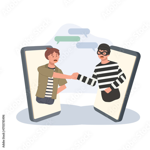man chatting online with scammer as they shake hands through smartphones showing internet fraud cyber crime and identity theft risk in digital conversation scene