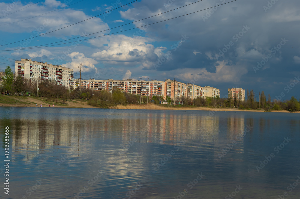 Fototapeta premium Sievierodonetsk: Chystoye Lake and Housing Quarters Before Conflict