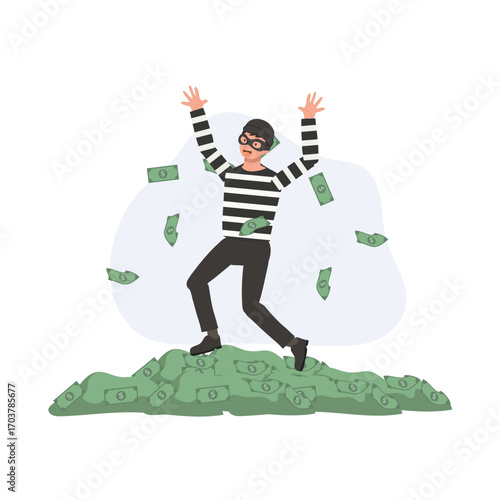 masked man thief celebrating with stolen money. robbery crime fraud and illegal financial activity
