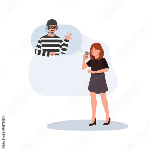 a worried woman during an online chat with a criminal scammer portraying internet safety concerns , problem of digital fraud and deception