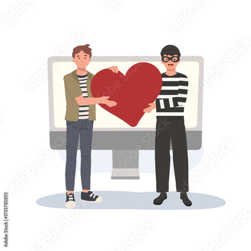 romance fraud online dating scam visual with male character and scammer holding heart digital crime cyber security and fraud awareness