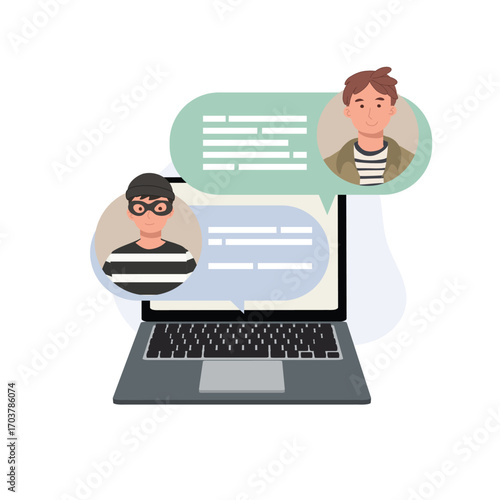 online chat illustration with man and scammer showing cybercrime fraud and internet security awareness concept