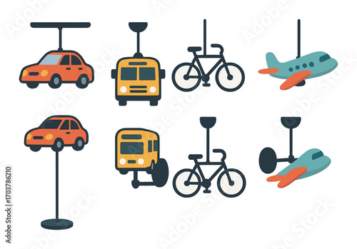 Colorful transportation icons: car, bus, bicycle, airplane in stylized design