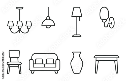 Minimalist home decor: lamp, chair, sofa, vase, table, chandelier, pendant
