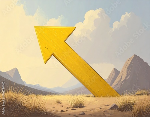 Large yellow arrow pointing upward in a desert landscape