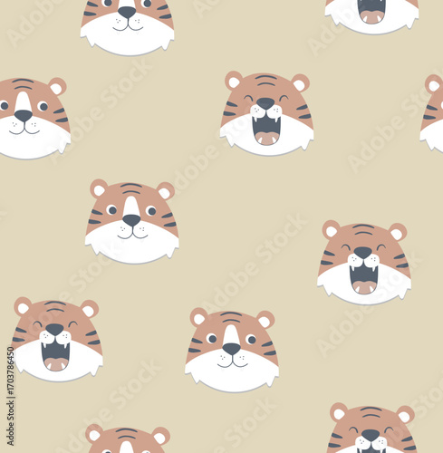 lion face pattern background on light yellow, different face Hand-drawn illustration. Vector seamless pattern with textured and animal elements. Wild baby animals in the jungle, happy and roar.