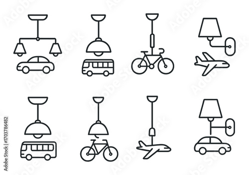Minimalist icon set of lighting fixtures and transportation modes