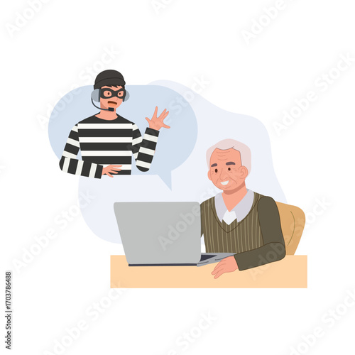senior man laptop communication scammer internet fraud online scam prevention digital safety concept