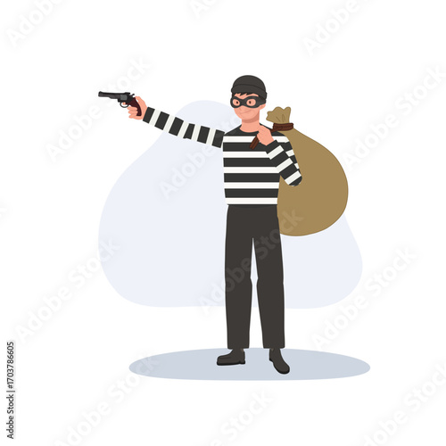 a masked robber holding a gun and carrying a sack of stolen money during a crime scene illustration