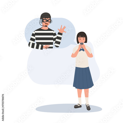 a thai middle school girl using a smartphone while a scammer character appears showing the risk of online fraud
