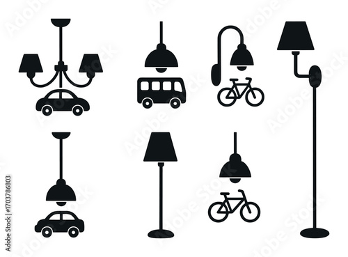 Silhouette of various lamps with transport-themed designs on dark background