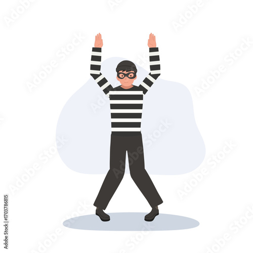 robber character wearing striped outfit black mask surrendering by hands raised
