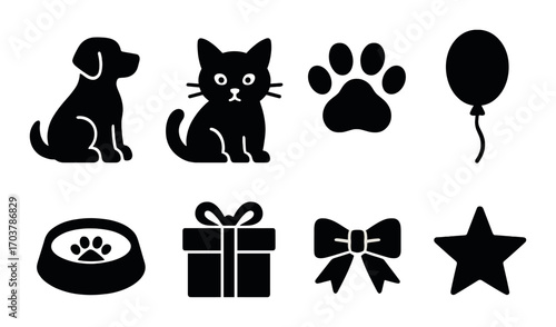 Cute pet and party icons including dog, cat, paw, balloon, bowl, gift, bow, star silhouettes