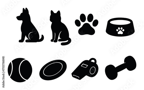 Silhouette icons of pet accessories including dog, cat, bowl, paw print, ball, frisbee, whistle, dumbbell