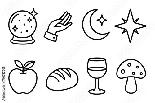Mystical icons: crystal ball, hand gesture, moon, star, apple, bread, wine, mushroom