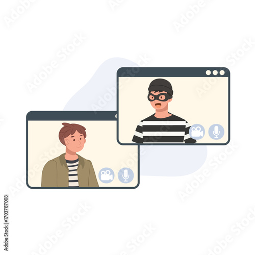a scammer in striped shirt and mask impersonating another person during online video call highlighting fraud identity theft and cybercrime risks