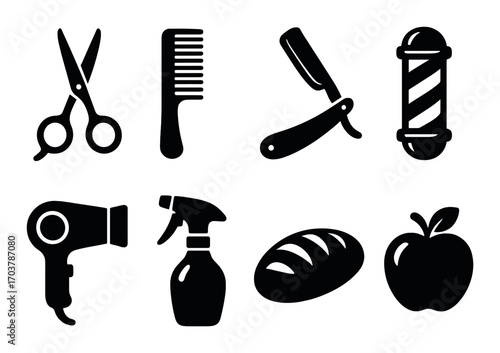 Barber and hairdressing icon set: scissors, comb, razor, barber pole, hairdryer, spray bottle, bread, apple