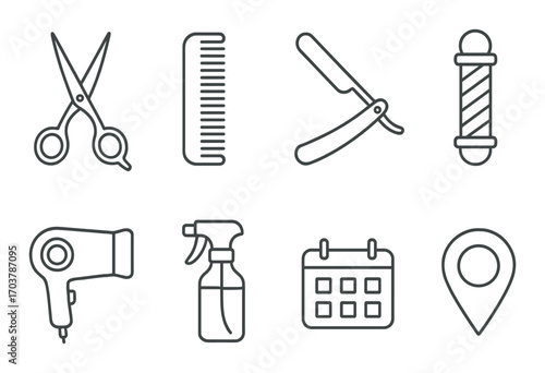 Barber tools icons: scissors, comb, razor, pole, hairdryer, spray, calendar, location