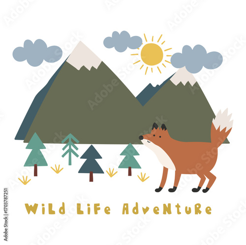 Wild life adventure, Cute fox Vector Illustration with sun and cloud on the sky, Hand drawn isolated and white Background -drawn mountain, Fox, and winter snow tree  