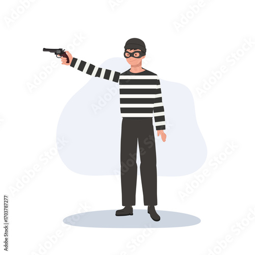 robber thief burglar in striped shirt with mask holding gun. criminal character