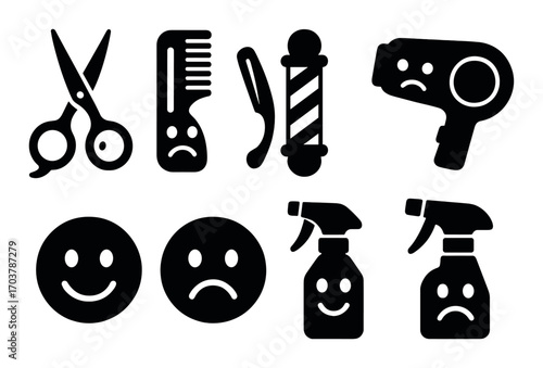 Barber tools and emoticons silhouettes on dark background