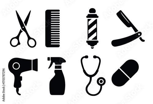 Barber and medical icon set on black background: scissors, comb, pole, razor, dryer, spray, stethoscope, capsule