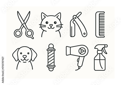 Pet grooming icons: scissors, cat, razor, comb, dog, barber pole, hairdryer, spray bottle
