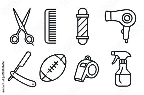 Barber tools and sports items icon set on dark background