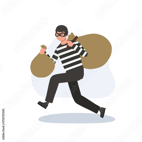 robbery thief character cartoon masked man carrying stolen money bags escaping
