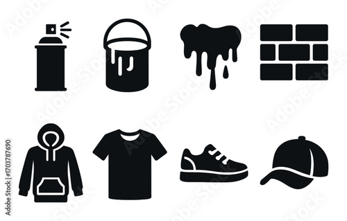 Graffiti elements: spray can, paint bucket, dripping paint, brick wall, hoodie, t-shirt, sneakers, cap