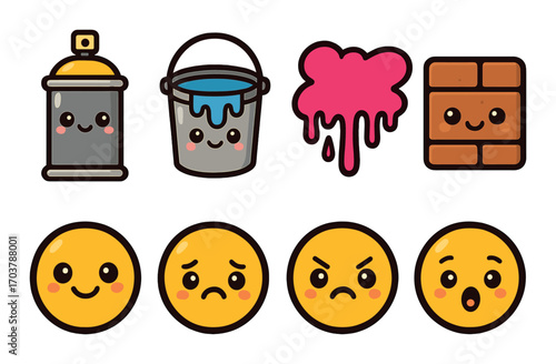 Cute cartoon art tools and expressions: spray can, paint bucket, emojis