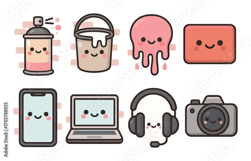 Cute kawaii objects collection with smiling faces: art supplies and technology