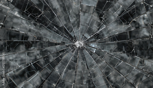 Intricate web of broken glass shards radiating from the center, creating a complex, fractured texture